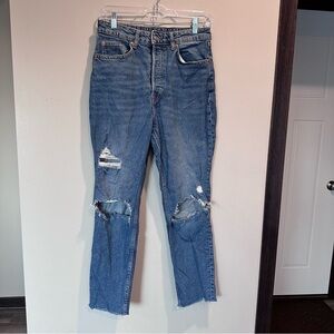 H&M Divided Mom Jean High Rise Distressed Button Fly Ankle Relaxed Straight Leg